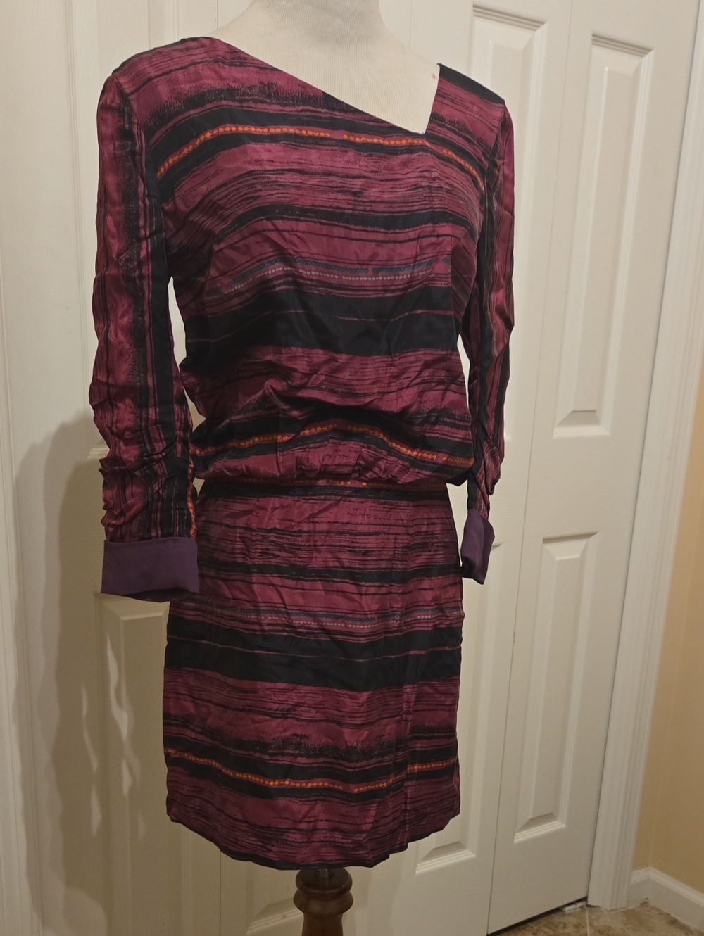 NWOT Hype Plum Striped Silk Dress with Black & Orange Accents SZ XS